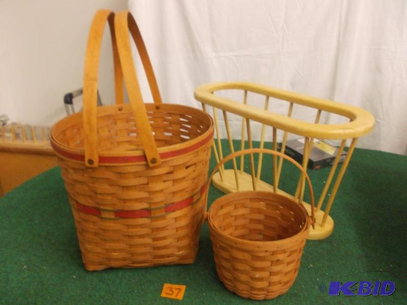lot 37 image: 2-Authentic Longaberger Baskets, 1 Wood Magaz...