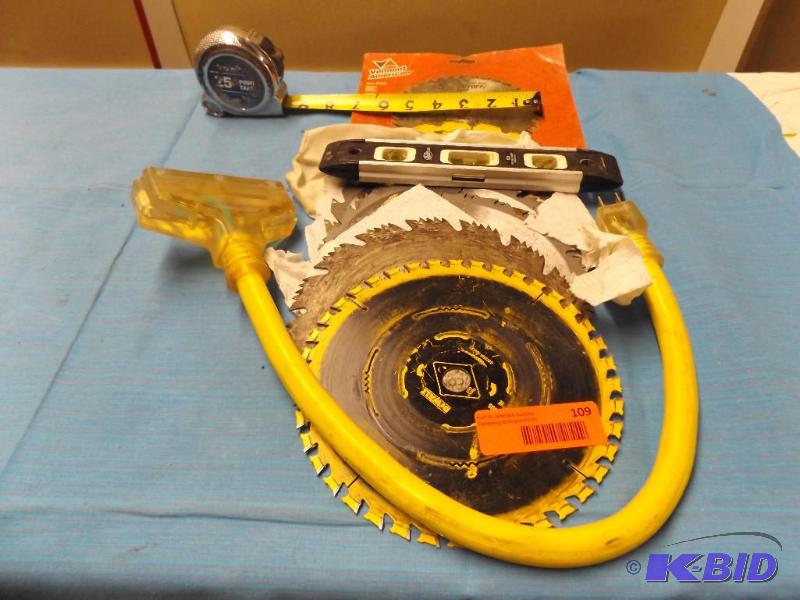 Circular saw blades, tape measure, small leve...