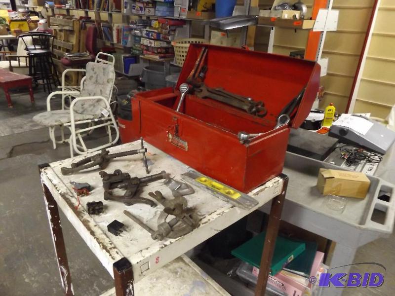 Tool box with contents, gear pullers...