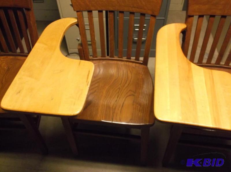 lot 35 image: Lot of 4 solid wood desks. Due to limited spa...