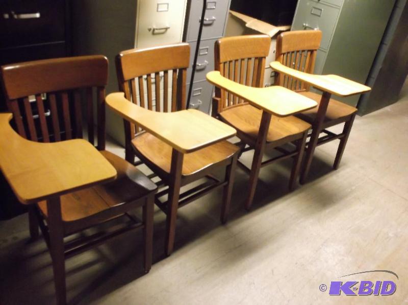 lot 37 image: Lot of 4 solid wood desks. Due to limited spa...