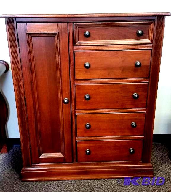 lot 2 image: Wood Highboy with 5 drawers and side door with 3 shelves.
