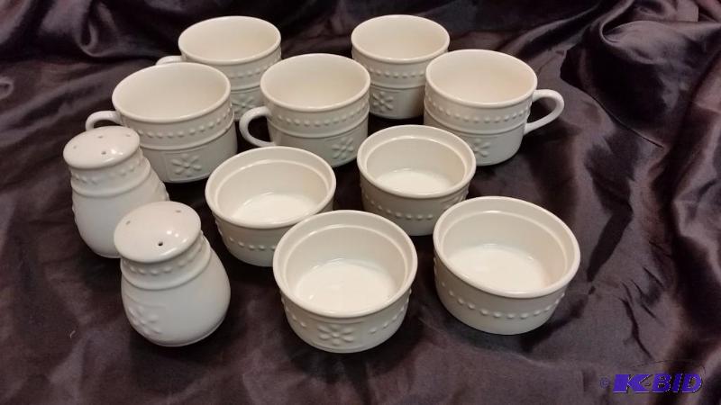 lot 20 image: White cups and Bowls Set.  Totally Today 5 Cups, 4 Custard Dishes and Salt, Pepper set