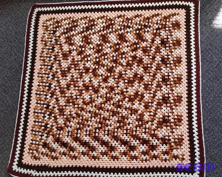 lot 43 image: Vintage Handmade Crochet Blanket.  Browns, Pinks, Orange,  Whites 45 x 45  Clean