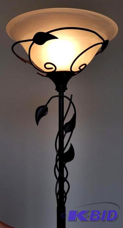 lot 8 image: Leaf Designed Floor Lamp with a White Frosted Lamp Shade.