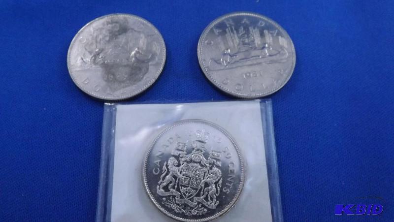 1965 50 cent coin, silver. Two Canadian Dolla...