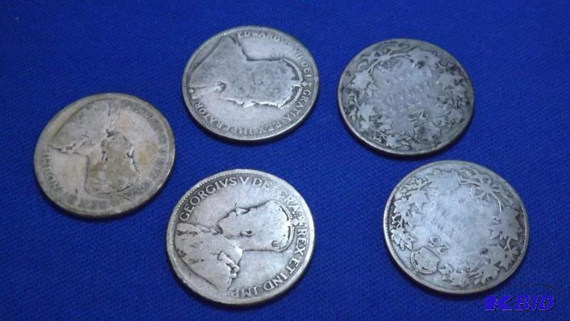 5 Silver Canadian Quarters, 1910 (2), 1917, 1...