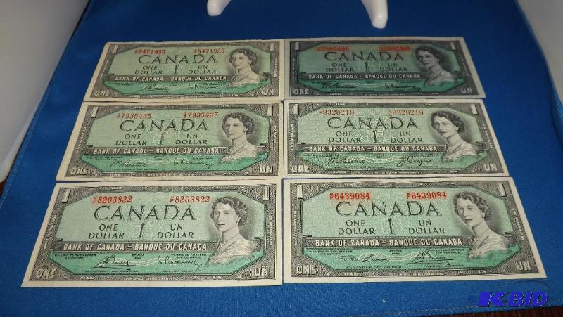 lot of 6 1954 Canada ONE Dollar Bills, one in...