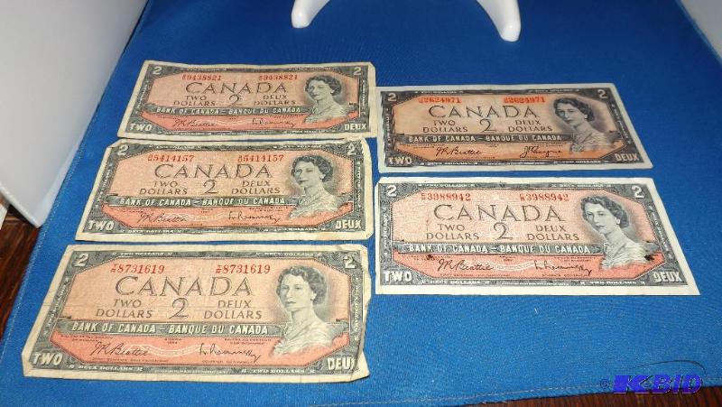 lot of 5 1954 Canada TWO Dollar Bills, ones o...