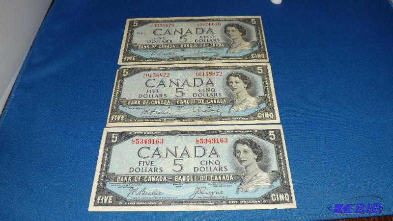lof of 3 1954 Canada FIVE Dollar Bills, botto...