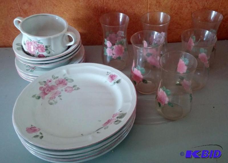 Lot of Gibson Rose Dishes. With glasses and s...
