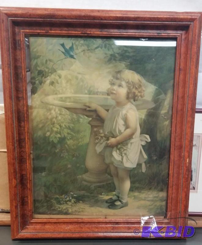 VINTAGE Girl and Bird Bath Picture 10 x 13...