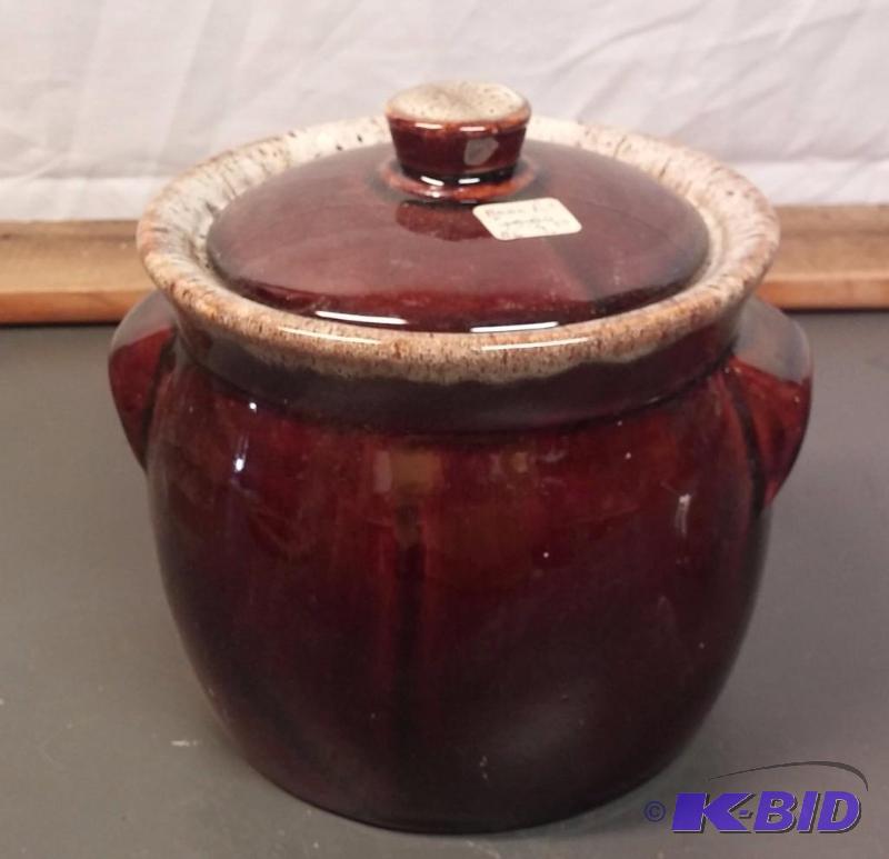 Vintage cover brown drip Bean Pot 6&quot Hig...
