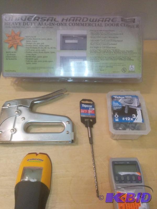 6 Item Lot Commercial Door Closer, Staple Gun, Stud Finder and More.
