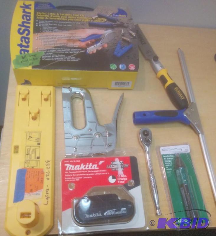 8 Item Lot Cable & Satelite Tool Kit, Handsaw, Stapler, Voltage Detector and More.