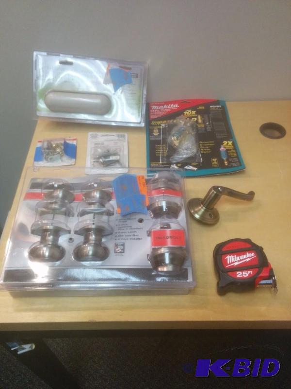 7 Item Lot Residential Door Closer, Driver Bit Set, Drawer Lock and More.
