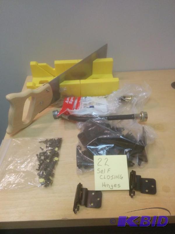 3 Item Lot Mitre Box with Saw, Hinges, and Washing Machine Filler Hose.