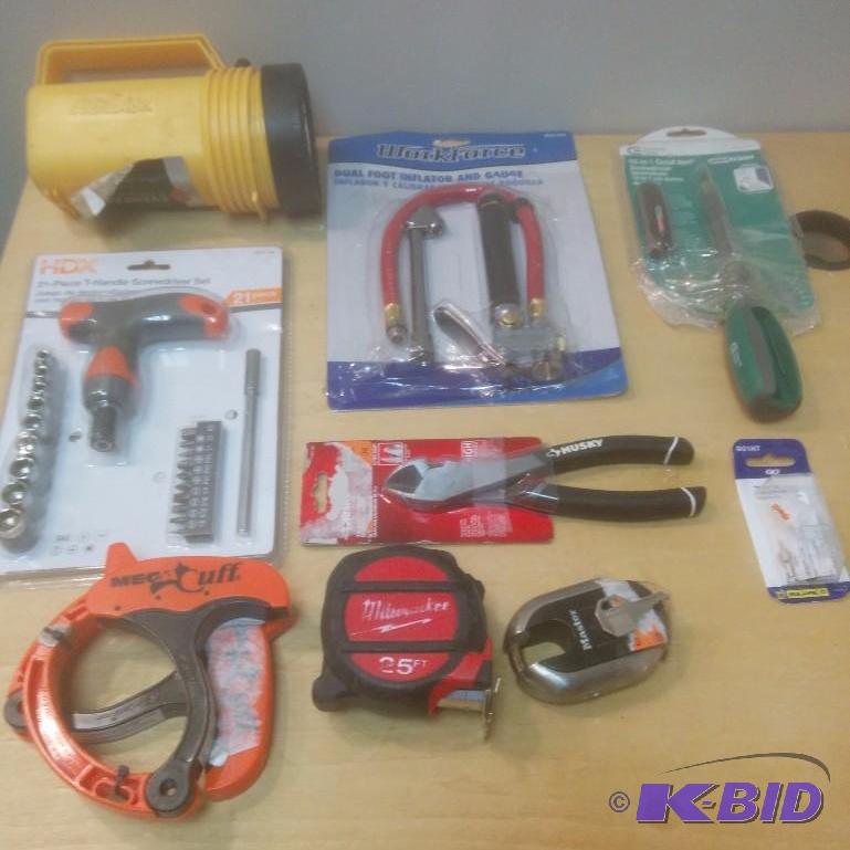 9 Item Lot Flashlight, HDX Driver Set, Wire Cutters and More.