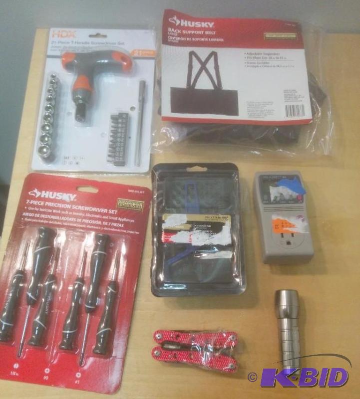7 Item Lot HDX Driver Set, Back Brace, Mini Paint roller and Pan, Screwdriver Set and More.