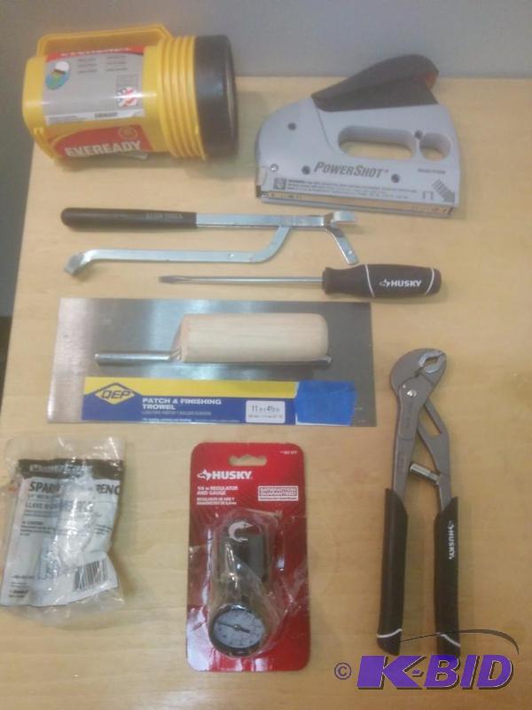 8 Item Lot Power Stapler, Trowel, Spark Plug Wrench and More.
