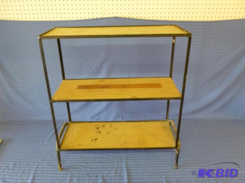 lot 111 image: Metal framed - three tiered shop shelf that m...