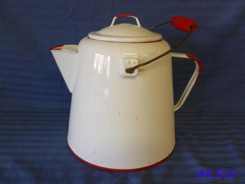 lot 69 image: Vintage red and white enamelware hot water po...