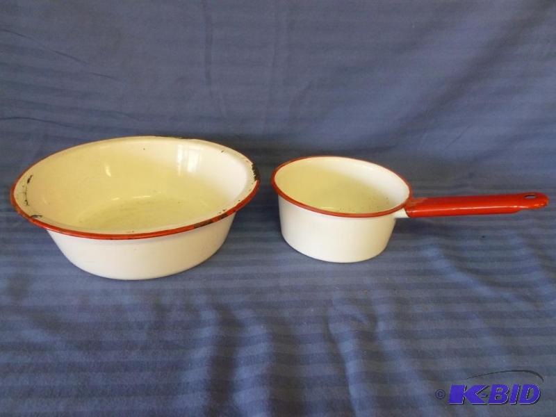 lot 71 image: Vintage red and white enamelware pans....