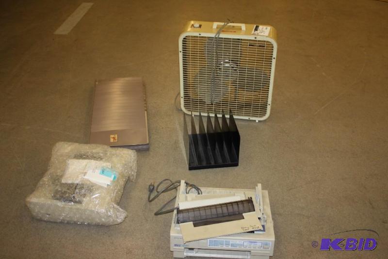 lot 59 image: Lot of (5) Including Box Fan Epson IQ-570 Printer Letter Organizer And More.