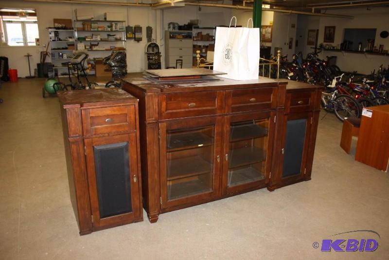 lot 62 image: Lot of (3) Wooden DresserStorage Console Wooden wHandles Stained Wood Includes Box of Bun Feet.