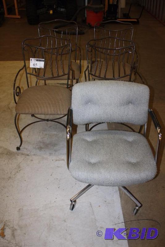 lot 65 image: Lot of (5) Chairs Including Rolling Office Chair Decorative Patio Chairs wCushions, app. 4 ct.