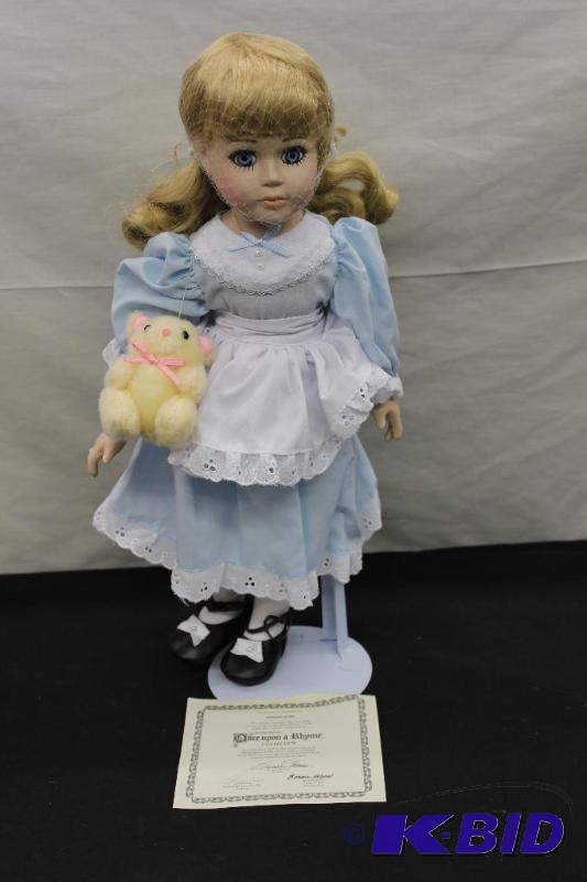 Porcelain Doll  Doll with Blue Dress and Tedd...