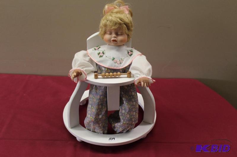 Porcelain Doll  Baby Doll with Wood Walker, 1...