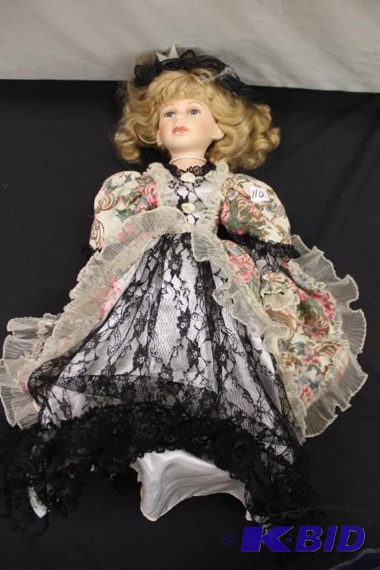 Porcelain Doll  Blonde Doll with Black Lace D...