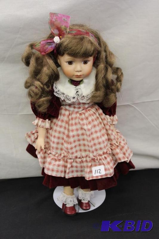 Porcelain Doll  Brown Hair Doll with Red dres...
