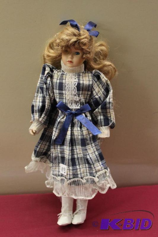 Porcelain Doll  Blonde Doll with Blue Plaid D...