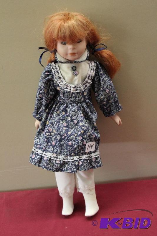 Porcelain Doll  Red Hair Doll with Blue Dress...