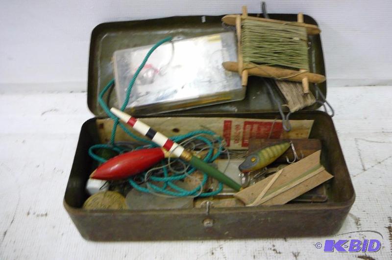 lot 122 image: Vintage Tackle box and tackle...