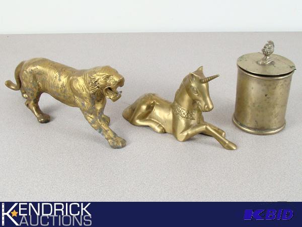 lot 20 image: Vintage Solid Brass Figurines, and Silver Plated Cigar Holder