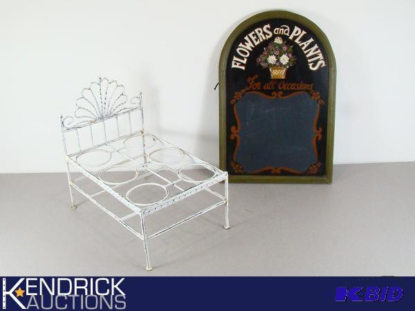 lot 26 image: Vintage Iron Flower Bed, and Wood Carved Embossed Flower Hanging Chalk Board