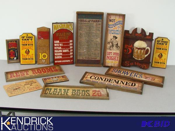 lot 60 image: Lot of 14 Vintage Wood Novelty Signs