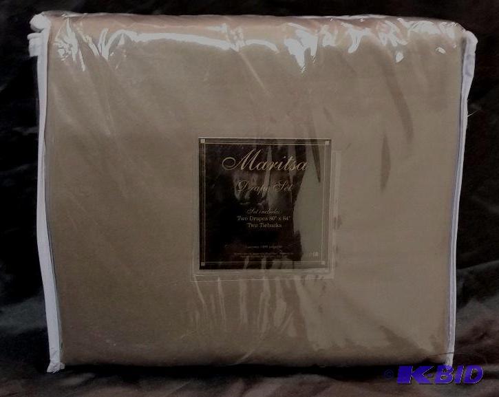 lot 4 image: Marista Drape Set 2 Panels 80 x 84 2 Tiebacks. New in Package  Coffee Color wlight olive Tiebacks