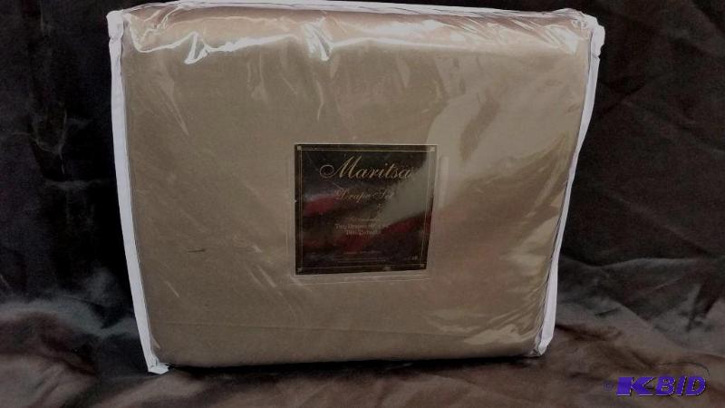 lot 5 image: Marista Drape Set 2 Panels 80 x 84 2 Tiebacks. New in Package  Coffee Color wlight olive Tiebacks