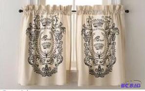 lot 7 image: Paris Postage Black and Cream 2 Rod Pocket Cafe Curtains.  New in Package 60 W x 24 H