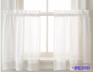 lot 8 image: Crochet White Rod Pocket Valance and 2 Pack Rod Pocket Window Tiers.  New in Package.  See Details.