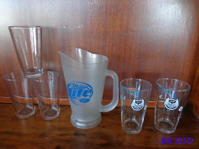 lot 151 image: (5) 16 oz Beer Glasses and Miller&nbspLite&n...