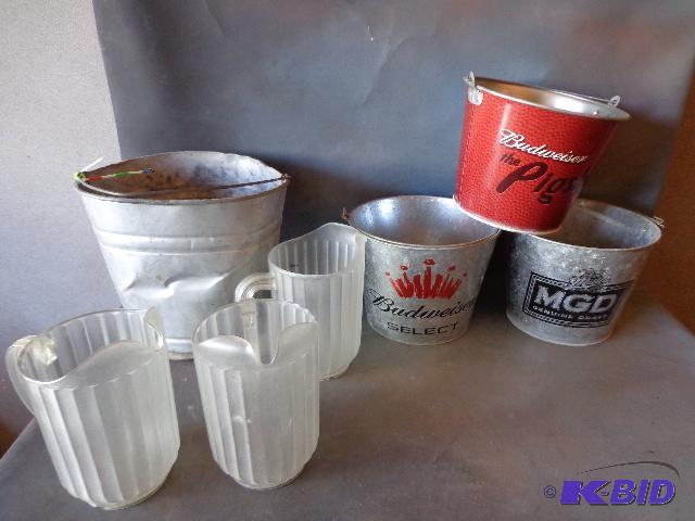 lot 193 image: (3) 60 oz Plastic Pitchers and (5) Tin Bucket...