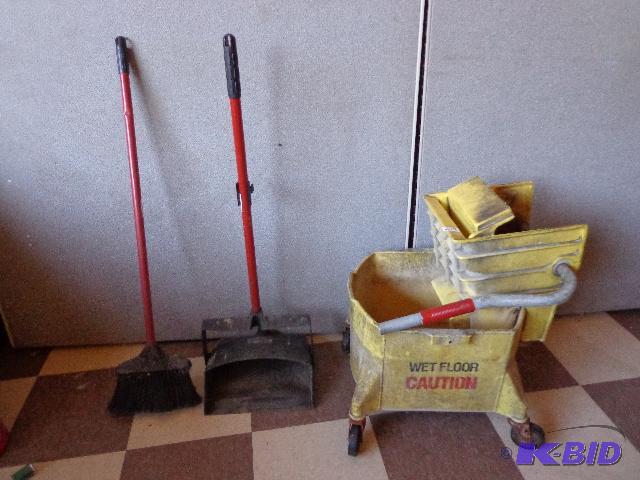 lot 219 image: Broom with Folded Dust Pan and Mop Bucket&nbs...