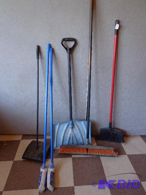 lot 226 image: 2 Mops, Dust Pan, Push Broom and Snow Shovel...