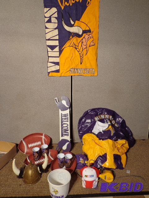 lot 61 image: Box of Assorted Minnesota Viking Items   Helm...