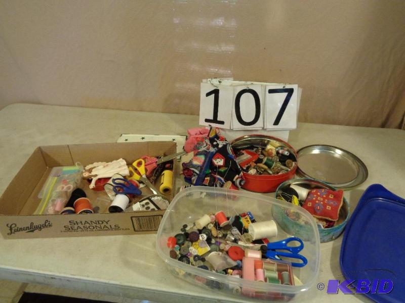 lot 107 image: Buttons, Sewing Items, Thread, Thimble, and M...